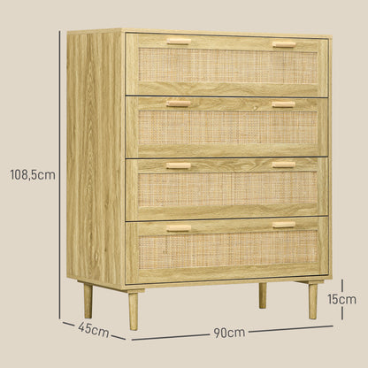 4-Drawer Bedroom Chest Storage Unit with Rattan Weave Front Boho Style in Light Wood Look 90L x 45W x 108.5H cm