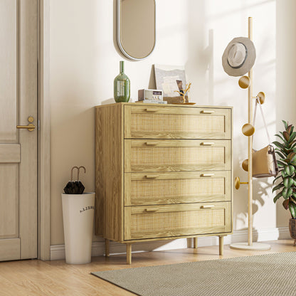 4-Drawer Bedroom Chest Storage Unit with Rattan Weave Front Boho Style in Light Wood Look 90L x 45W x 108.5H cm