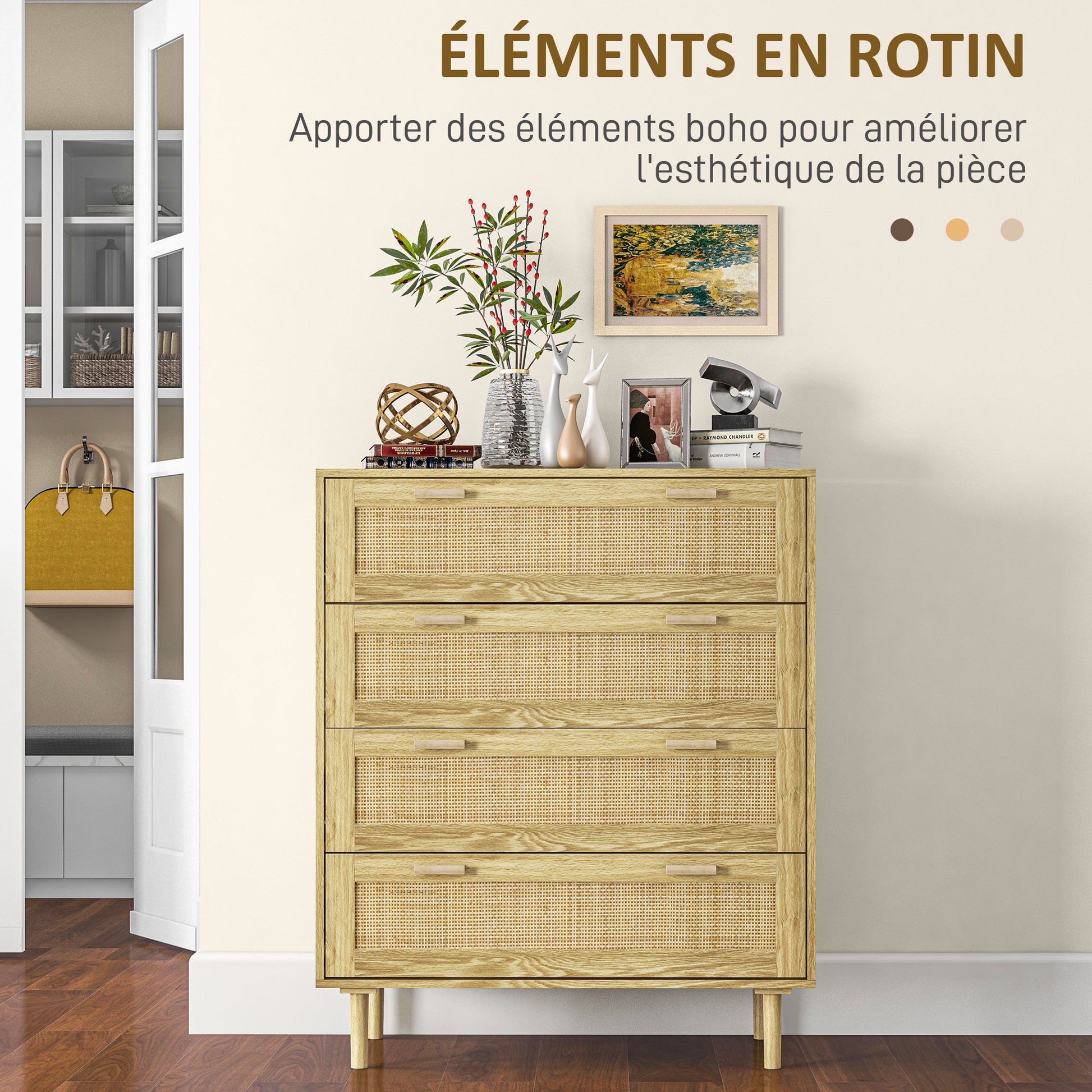 4-Drawer Bedroom Chest Storage Unit with Rattan Weave Front Boho Style in Light Wood Look 90L x 45W x 108.5H cm