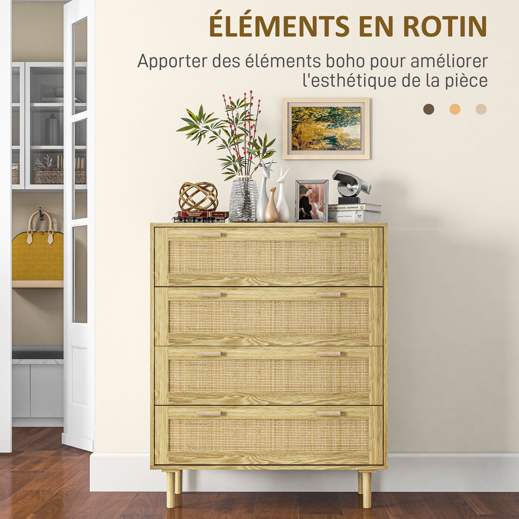 4-Drawer Bedroom Chest Storage Unit with Rattan Weave Front Boho Style in Light Wood Look 90L x 45W x 108.5H cm