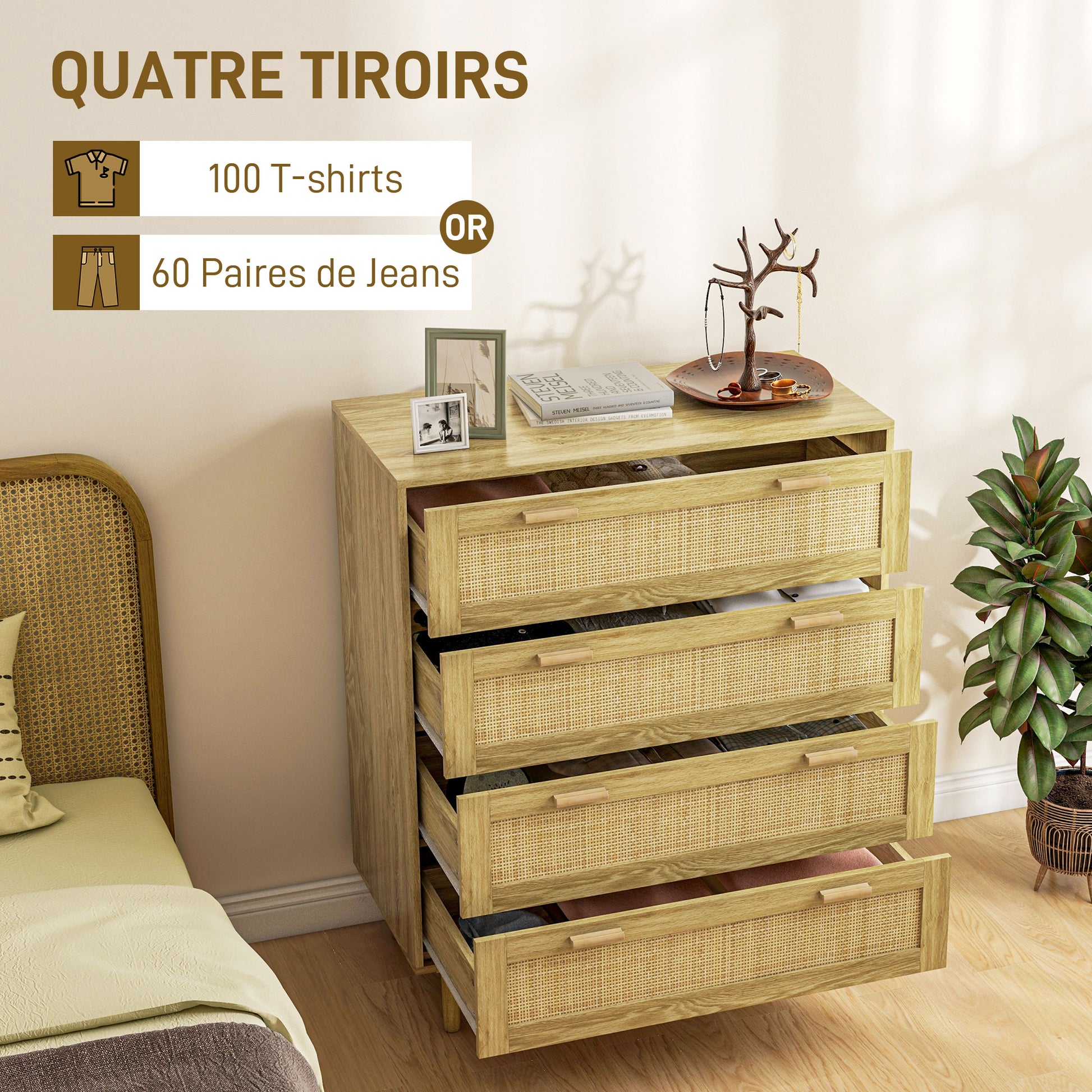 4-Drawer Bedroom Chest Storage Unit with Rattan Weave Front Boho Style in Light Wood Look 90L x 45W x 108.5H cm