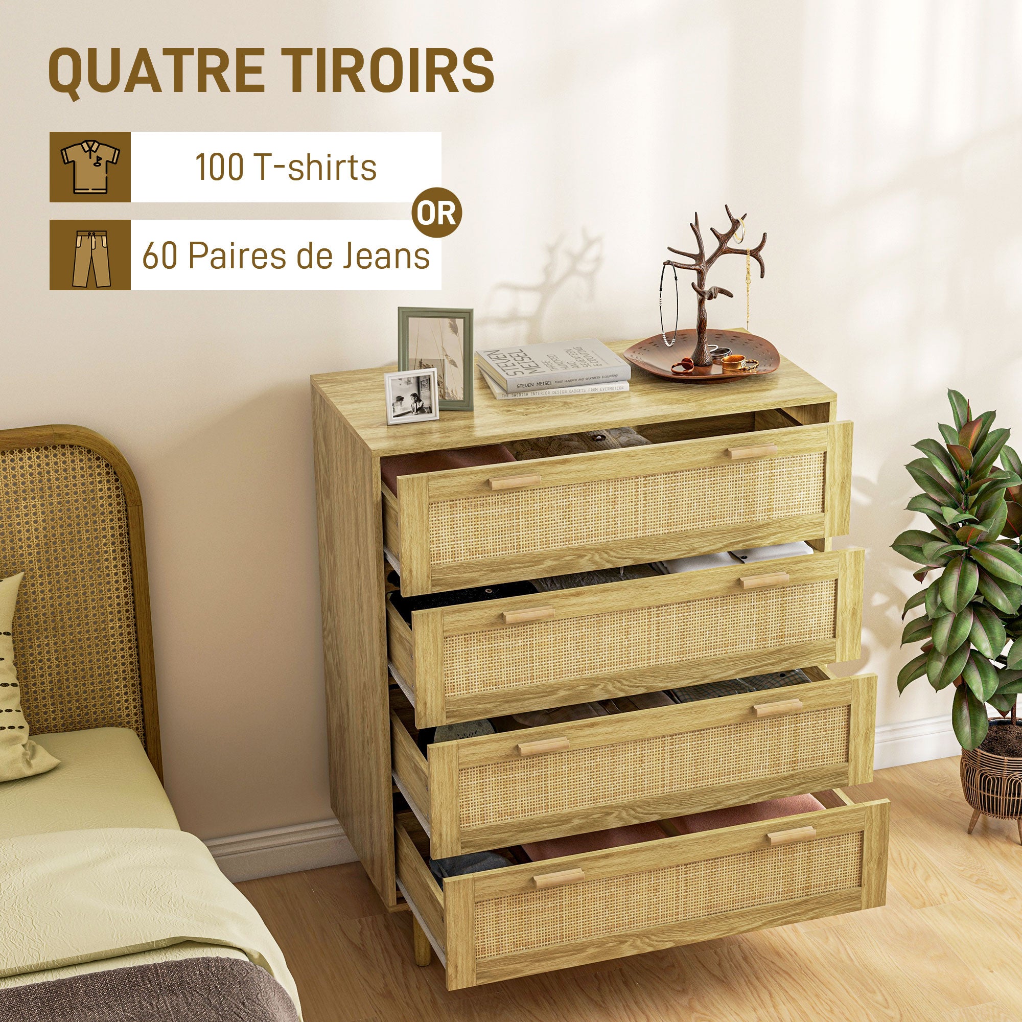 4-Drawer Bedroom Chest Storage Unit with Rattan Weave Front Boho Style in Light Wood Look 90L x 45W x 108.5H cm