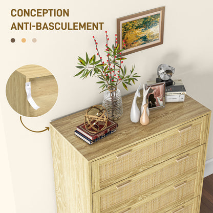 4-Drawer Bedroom Chest Storage Unit with Rattan Weave Front Boho Style in Light Wood Look 90L x 45W x 108.5H cm
