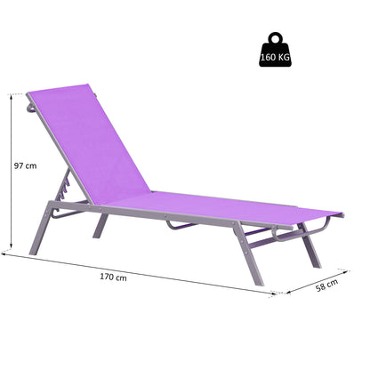 Sun Lounger - Chaise Longue - Contemporary Design - Multi-Position Reclining Backrest - Epoxy Metal Textilene Mauve - dim. 170 x 58 x 97 cm
