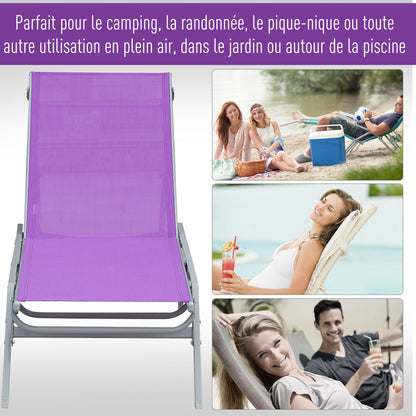 Sun Lounger - Chaise Longue - Contemporary Design - Multi-Position Reclining Backrest - Epoxy Metal Textilene Mauve - dim. 170 x 58 x 97 cm