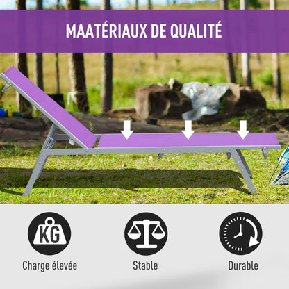 Sun Lounger - Chaise Longue - Contemporary Design - Multi-Position Reclining Backrest - Epoxy Metal Textilene Mauve - dim. 170 x 58 x 97 cm