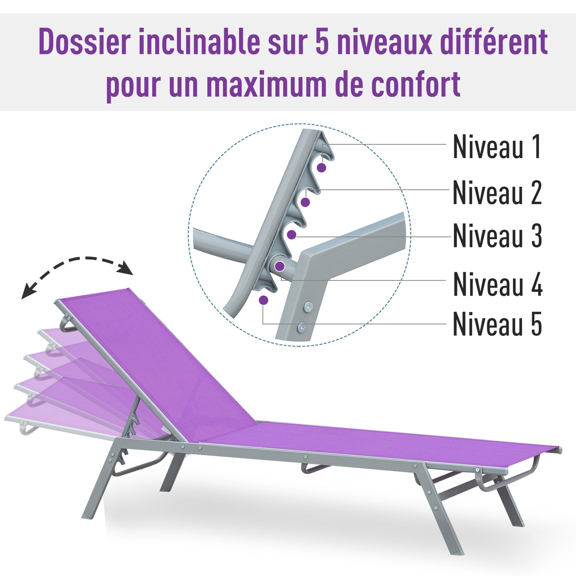 Sun Lounger - Chaise Longue - Contemporary Design - Multi-Position Reclining Backrest - Epoxy Metal Textilene Mauve - dim. 170 x 58 x 97 cm