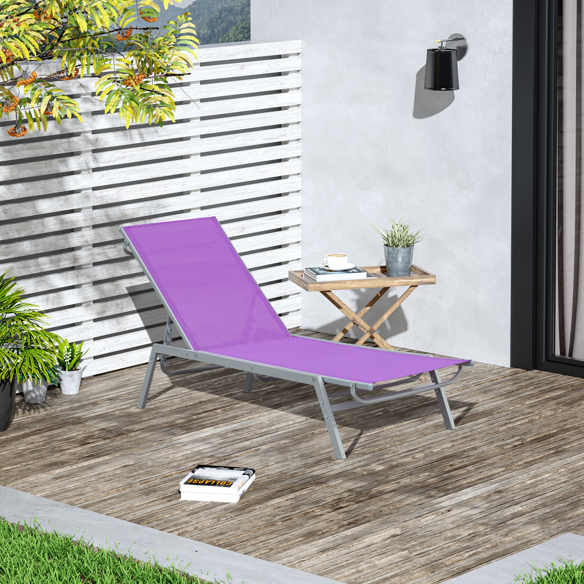 Sun Lounger - Chaise Longue - Contemporary Design - Multi-Position Reclining Backrest - Epoxy Metal Textilene Mauve - dim. 170 x 58 x 97 cm