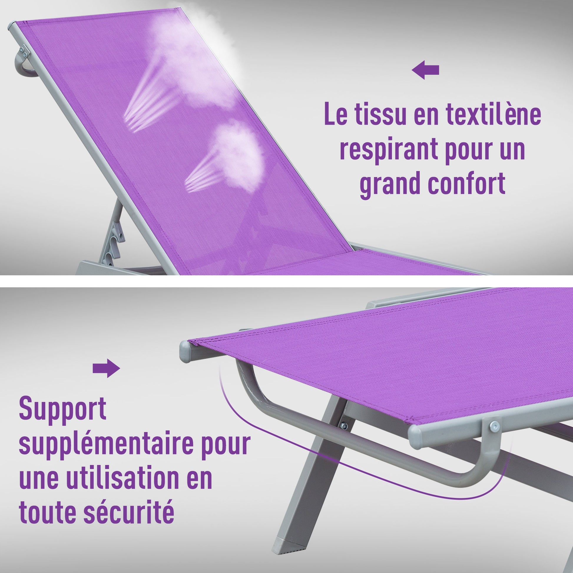 Sun Lounger - Chaise Longue - Contemporary Design - Multi-Position Reclining Backrest - Epoxy Metal Textilene Mauve - dim. 170 x 58 x 97 cm