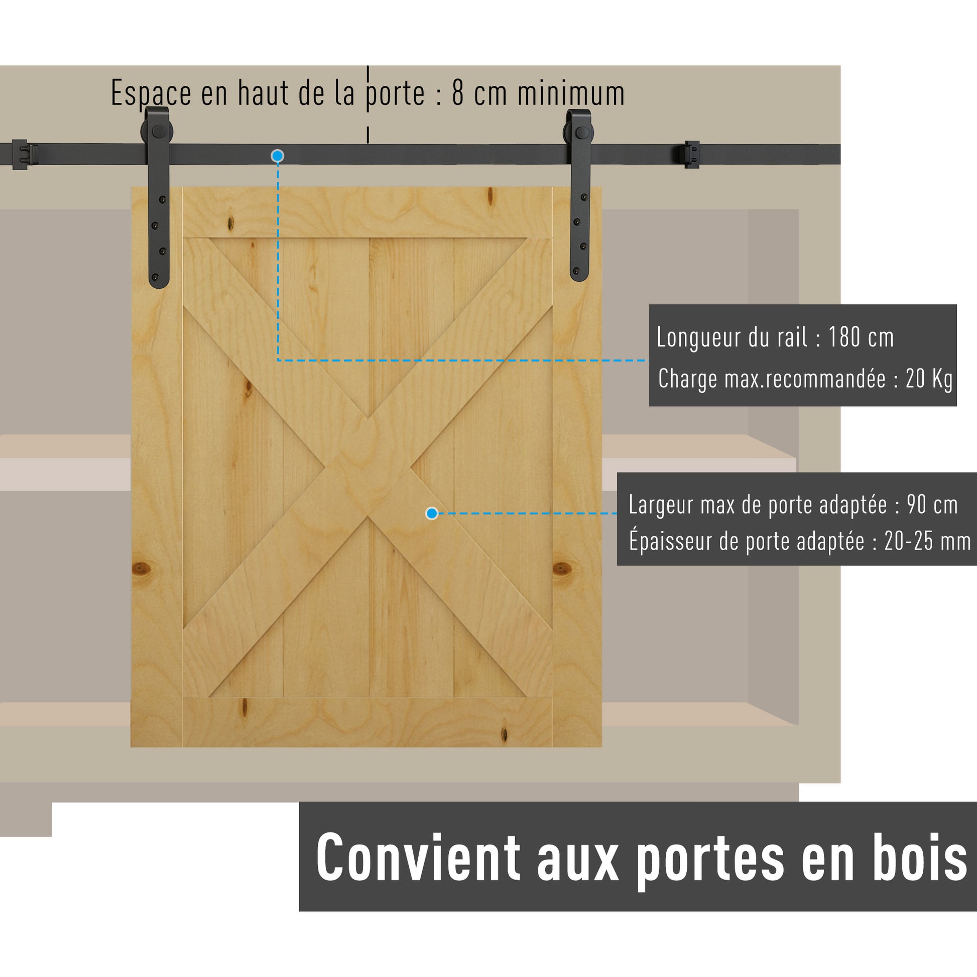 Sliding Pocket Door Kit Galvanized System with 20-25 mm Thick Door Max Width 0.9 m Max Load 20 Kg Black Steel