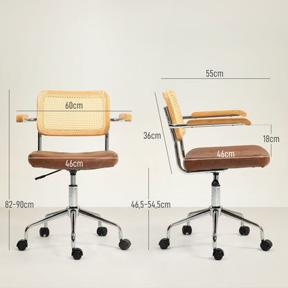 Swivel Office Chair Adjustable Height Desk Chair with Synthetic Rattan Backrest Rocking Function Study Chair Load 120 kg 60x55.5x82-90 cm Brown