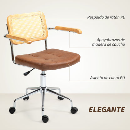 Swivel Office Chair Adjustable Height Desk Chair with Synthetic Rattan Backrest Rocking Function Study Chair Load 120 kg 60x55.5x82-90 cm Brown