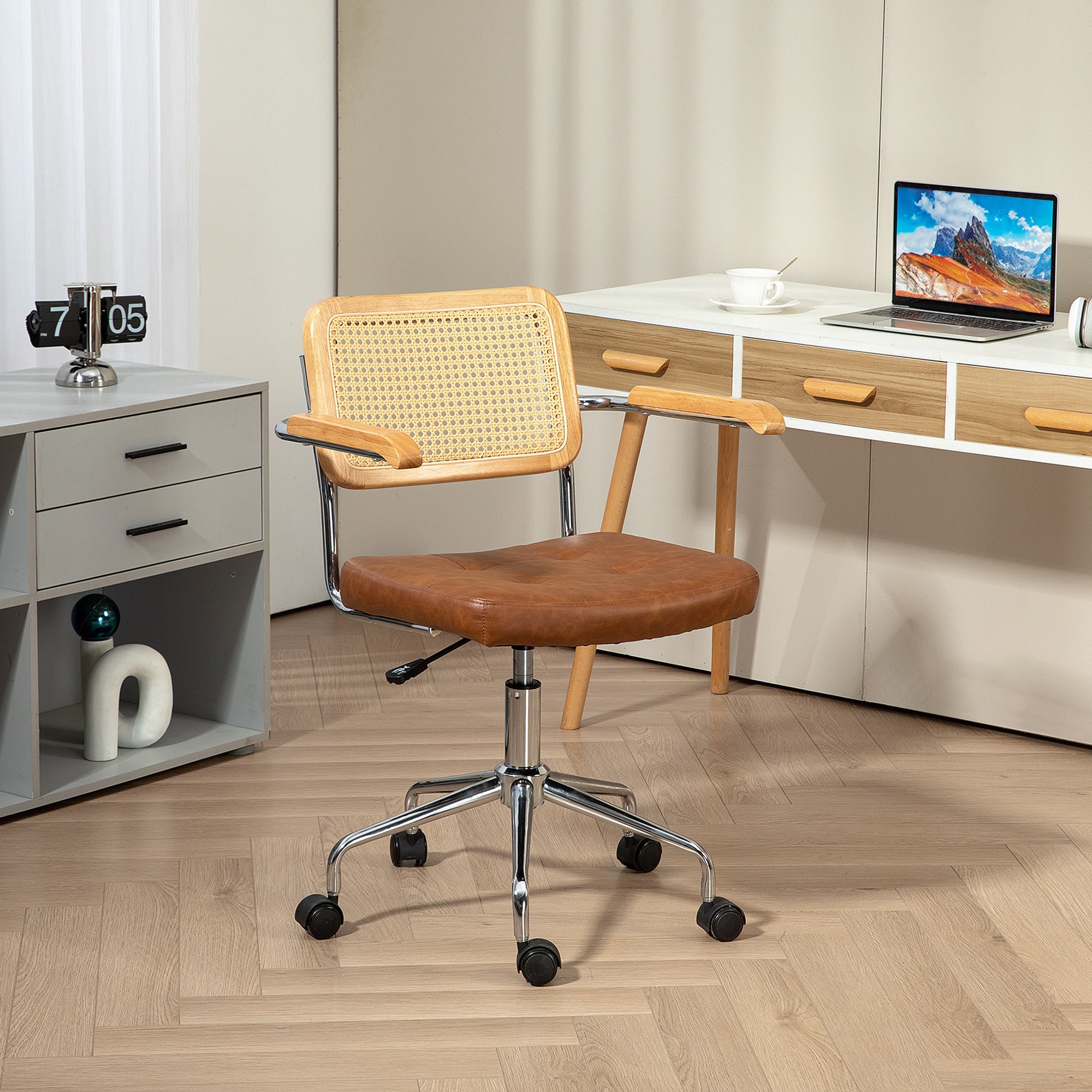 Swivel Office Chair Adjustable Height Desk Chair with Synthetic Rattan Backrest Rocking Function Study Chair Load 120 kg 60x55.5x82-90 cm Brown