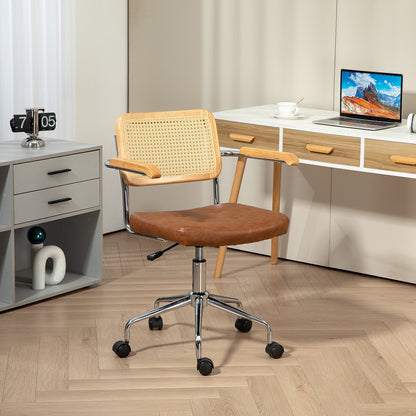 Swivel Office Chair Adjustable Height Desk Chair with Synthetic Rattan Backrest Rocking Function Study Chair Load 120 kg 60x55.5x82-90 cm Brown