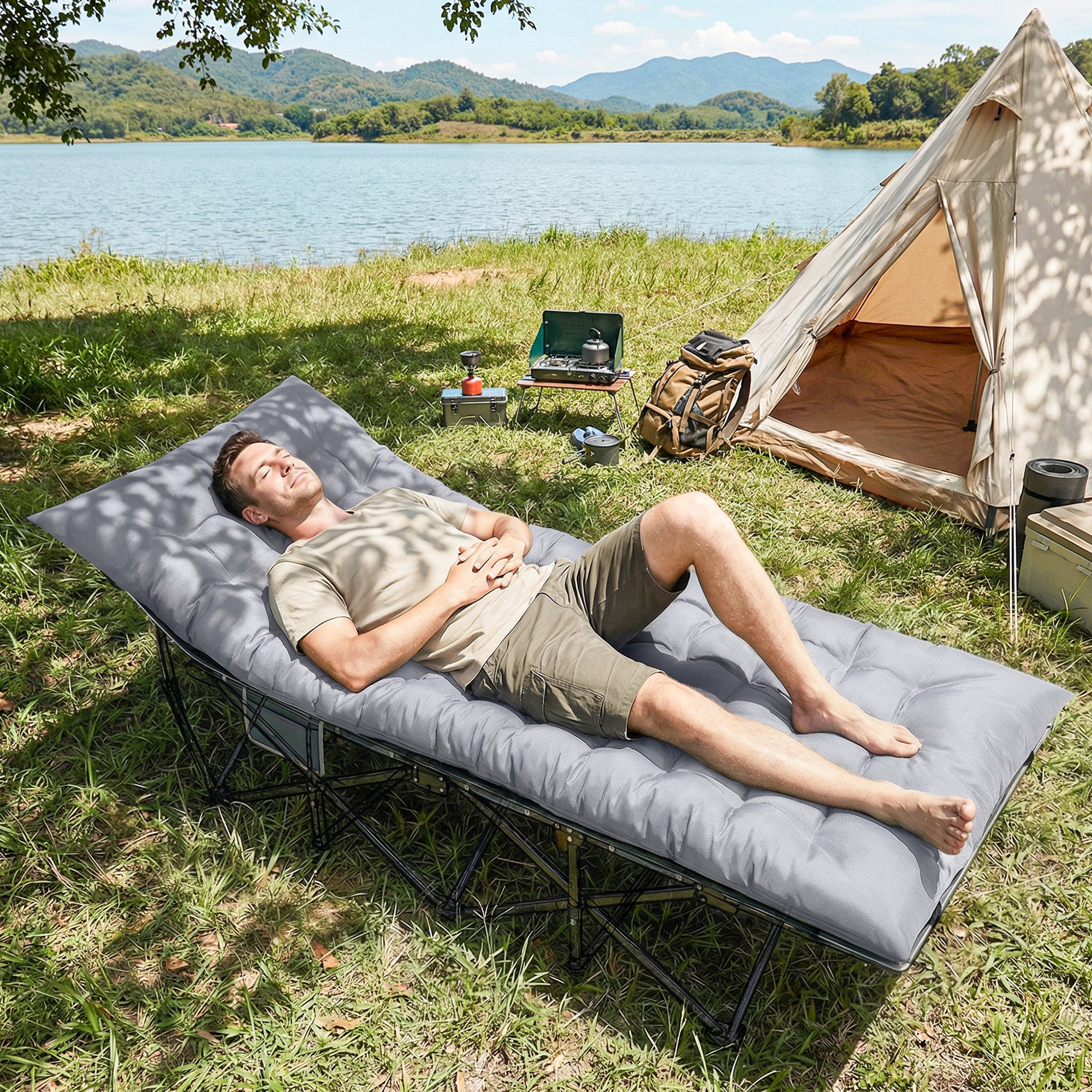 Camping Sleeping Mat — 3.1 in Thick Foldable Foam Mattress with Non-Slip Cover & Straps, 79 x 31.5 in, Light Gray