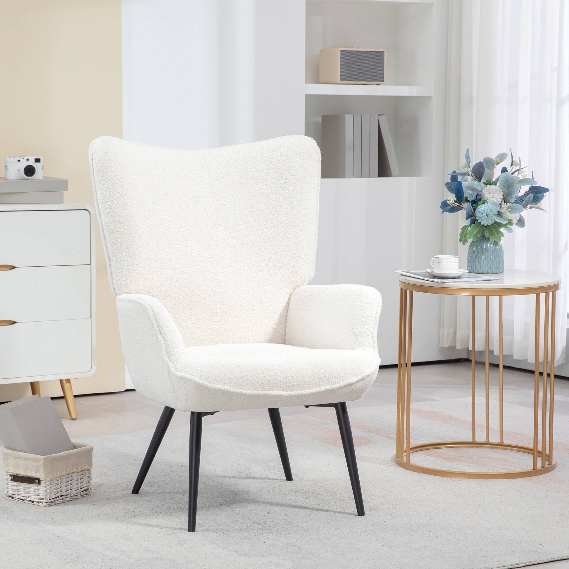 Wingback Armchair Upholstered Lounge Chair with Armrest, Metal Legs, Modern-Style Chair for Living Room, Bedroom, Cream White