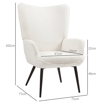 Wingback Armchair Upholstered Lounge Chair with Armrest, Metal Legs, Modern-Style Chair for Living Room, Bedroom, Cream White