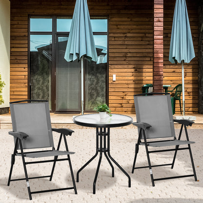 3-Piece Garden Set 2 Reclining Chairs Multi-Position Foldable + Round Table Tempered Glass Metal Textilene Gray