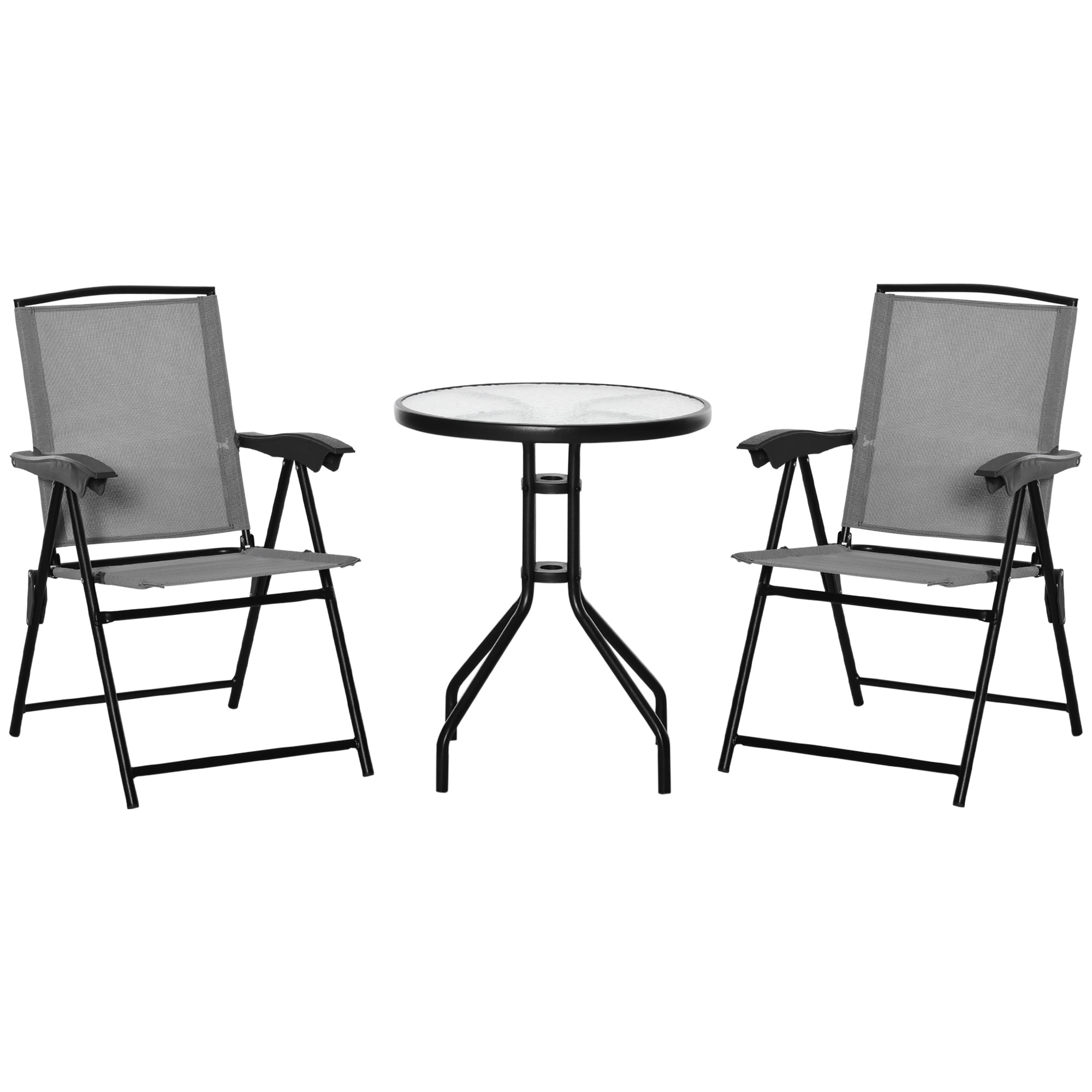 3-Piece Garden Set 2 Reclining Chairs Multi-Position Foldable + Round Table Tempered Glass Metal Textilene Gray