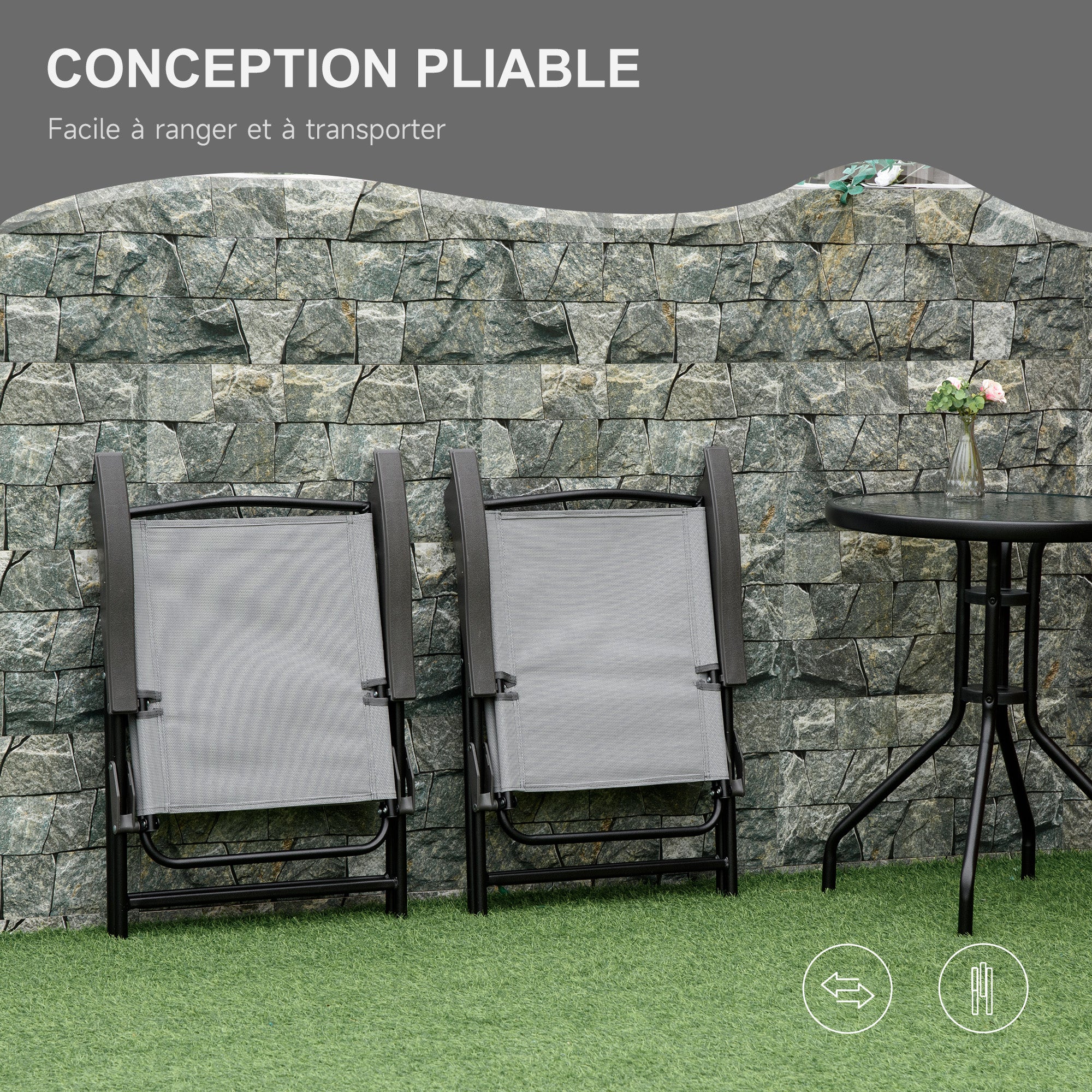 3-Piece Garden Set 2 Reclining Chairs Multi-Position Foldable + Round Table Tempered Glass Metal Textilene Gray