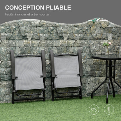 3-Piece Garden Set 2 Reclining Chairs Multi-Position Foldable + Round Table Tempered Glass Metal Textilene Gray