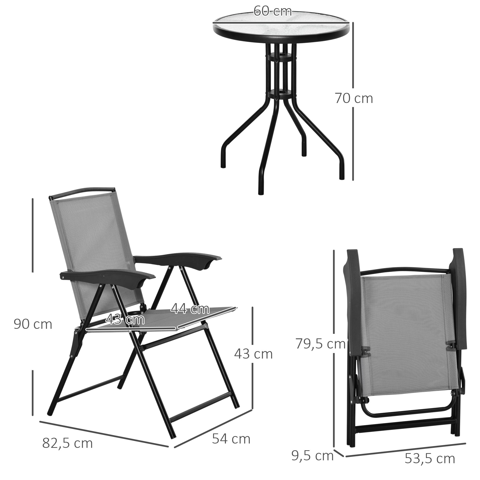 3-Piece Garden Set 2 Reclining Chairs Multi-Position Foldable + Round Table Tempered Glass Metal Textilene Gray