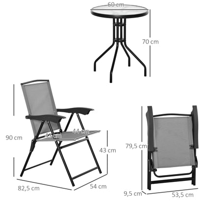 3-Piece Garden Set 2 Reclining Chairs Multi-Position Foldable + Round Table Tempered Glass Metal Textilene Gray