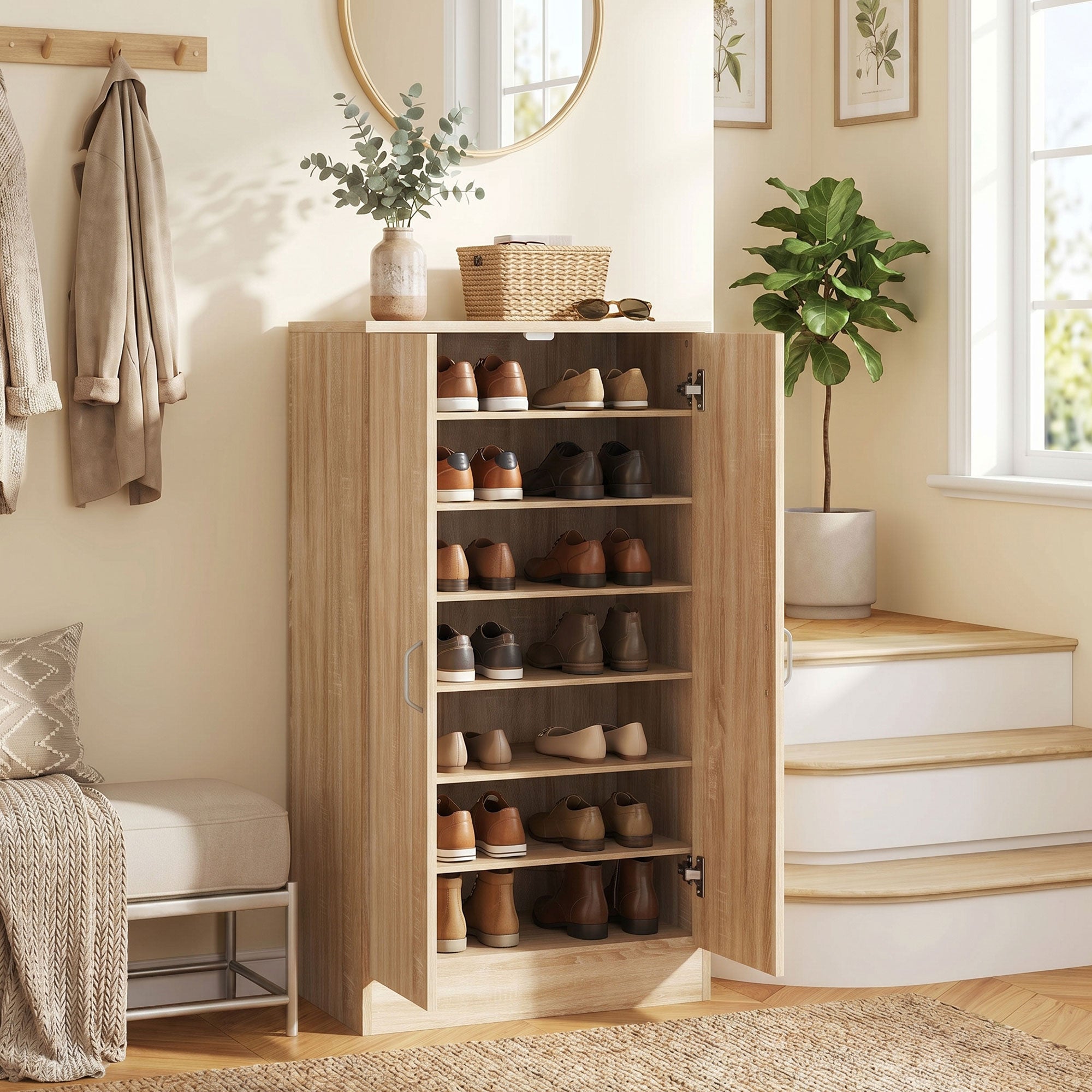 2-Door Shoe Cabinet with 6 Adjustable Shelves, Soft-Close Doors, Stores up to 14 Pairs, Natural Wood Finish (55 x 35 x 108 cm)