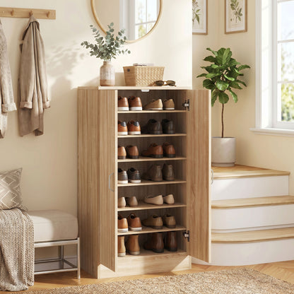 2-Door Shoe Cabinet with 6 Adjustable Shelves, Soft-Close Doors, Stores up to 14 Pairs, Natural Wood Finish (55 x 35 x 108 cm)