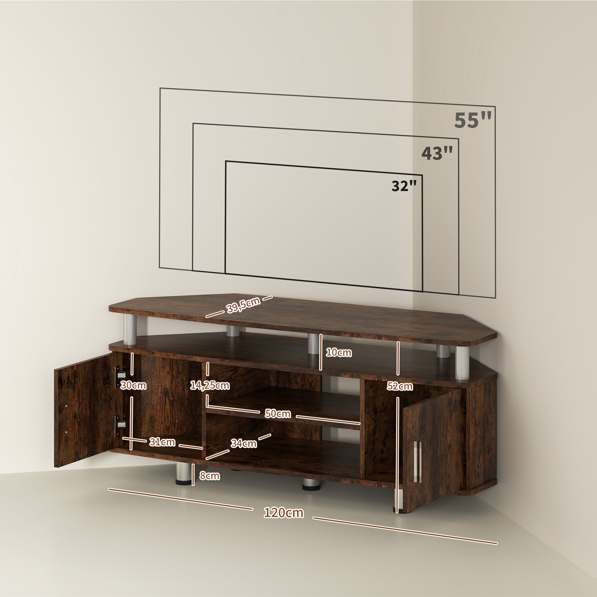 TV Stand TV Cabinet Wooden TV Stand for TVs up to 55 inches with Large Shelf, Cupboards, and Open Compartment for Living Room Bedroom, 120 x 40 x 52 cm, Brown
