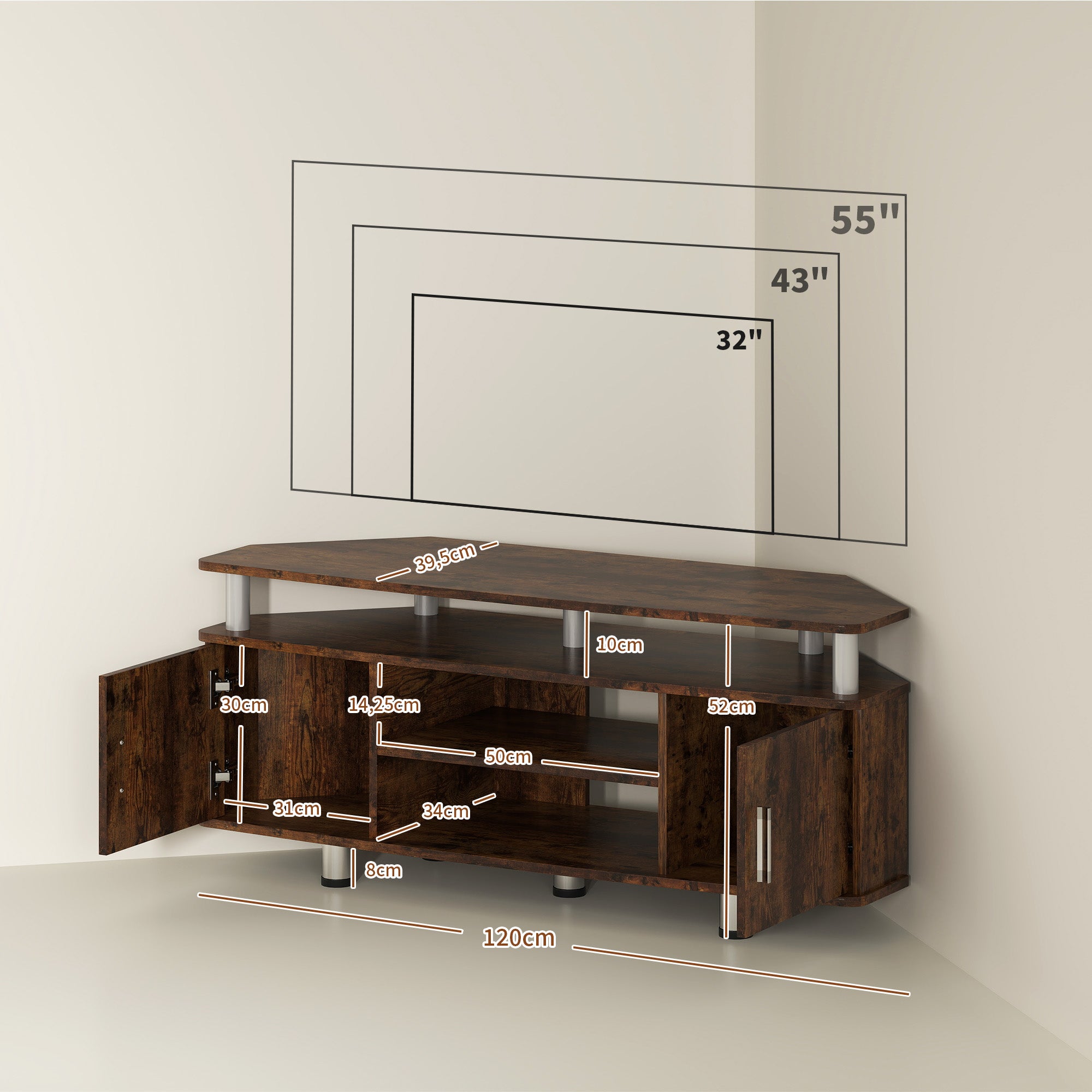 TV Stand TV Cabinet Wooden TV Stand for TVs up to 55 inches with Large Shelf, Cupboards, and Open Compartment for Living Room Bedroom, 120 x 40 x 52 cm, Brown