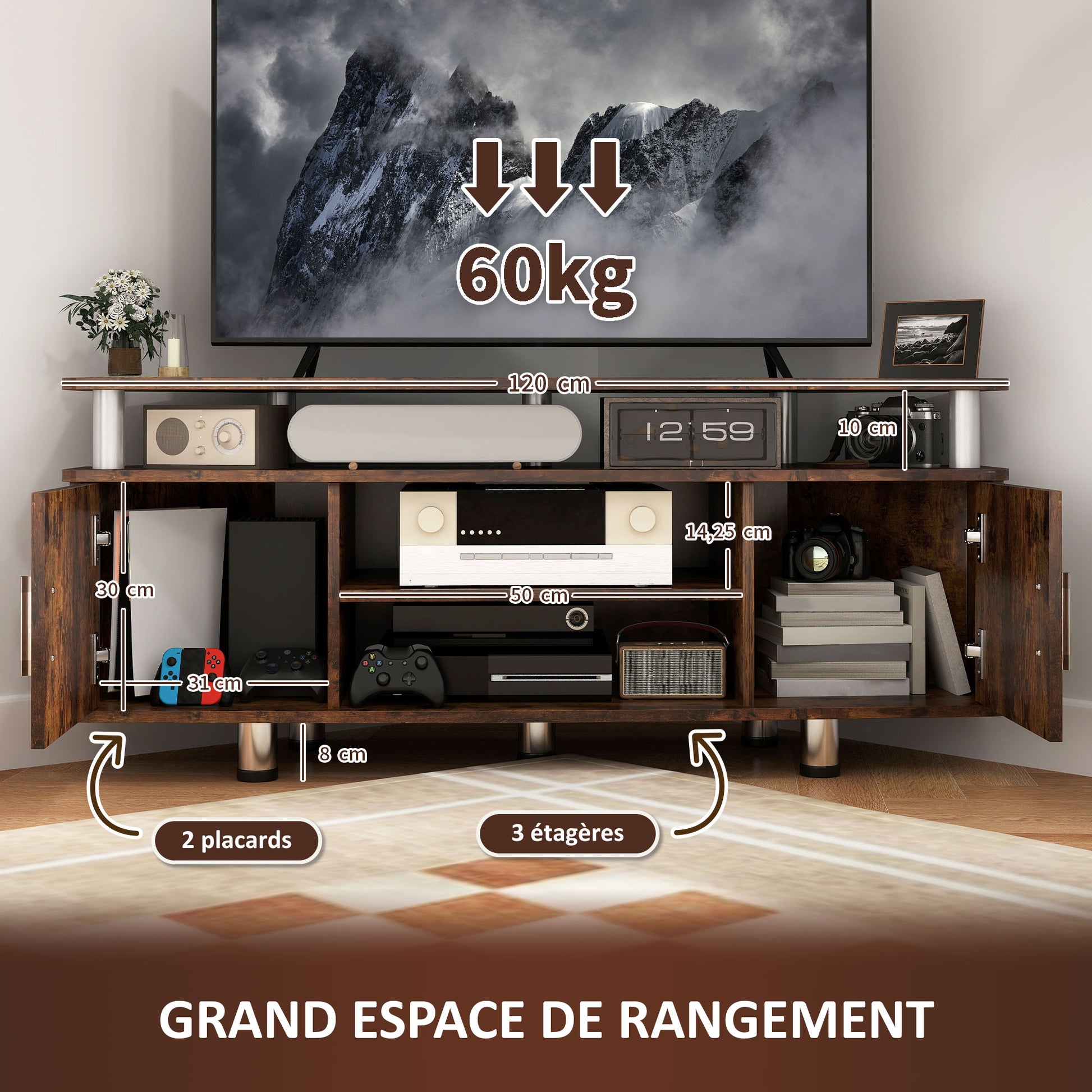 TV Stand TV Cabinet Wooden TV Stand for TVs up to 55 inches with Large Shelf, Cupboards, and Open Compartment for Living Room Bedroom, 120 x 40 x 52 cm, Brown