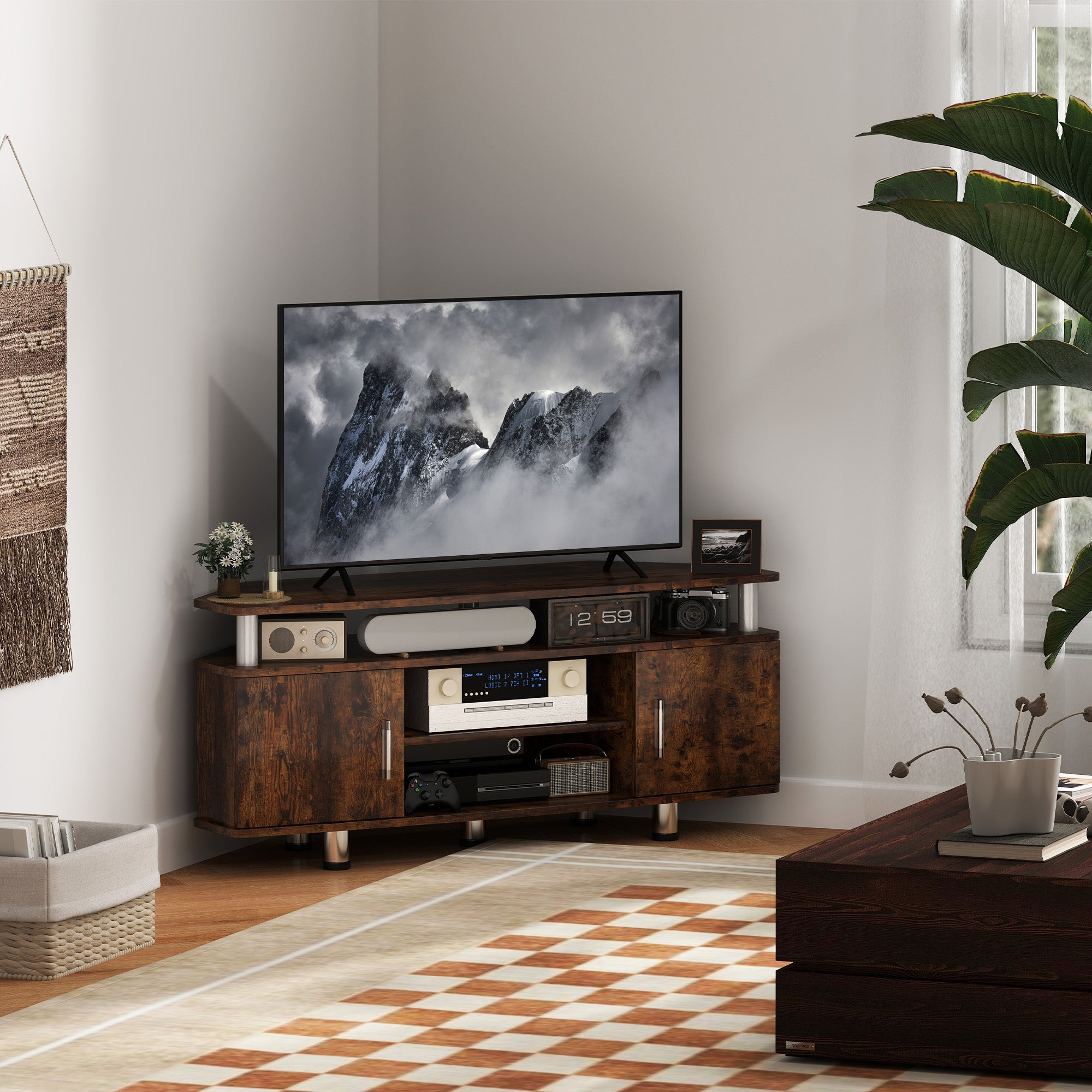 TV Stand TV Cabinet Wooden TV Stand for TVs up to 55 inches with Large Shelf, Cupboards, and Open Compartment for Living Room Bedroom, 120 x 40 x 52 cm, Brown