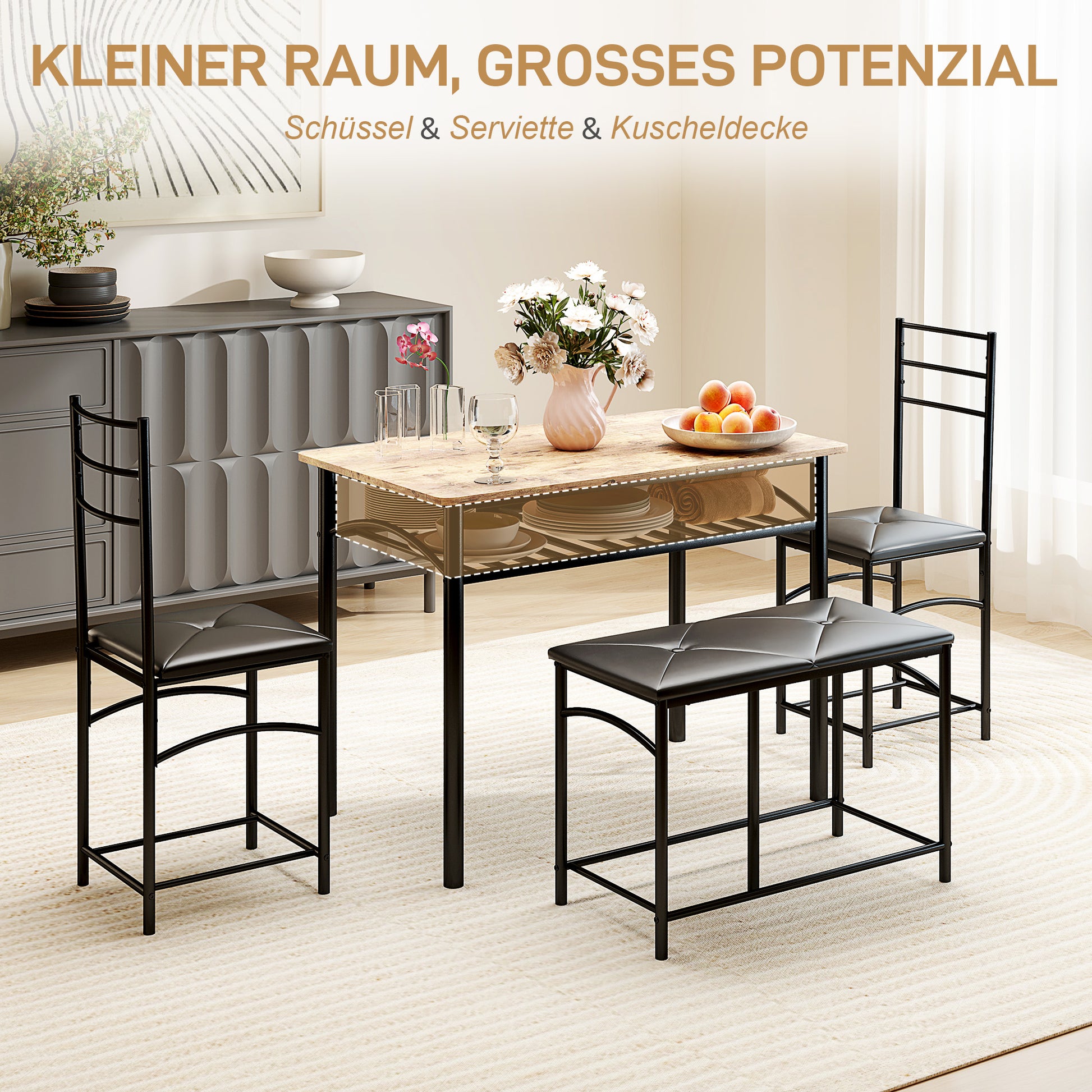 4-piece Dining Set, Dining Table with 2 Chairs, Bench, Space-Saving Dining Room Set, Dining Table Set for Small Spaces, Kitchen, Dining Room, Brown
