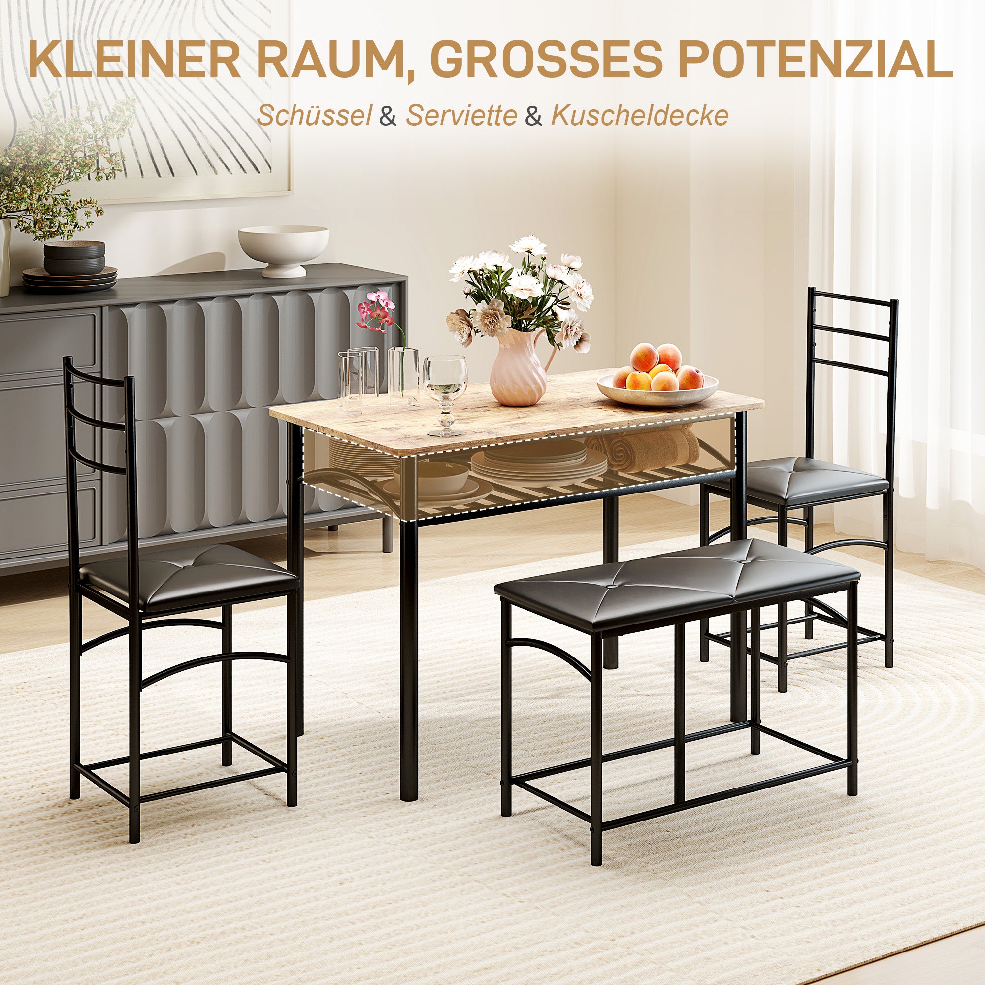 4-piece Dining Set, Dining Table with 2 Chairs, Bench, Space-Saving Dining Room Set, Dining Table Set for Small Spaces, Kitchen, Dining Room, Brown