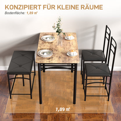 4-piece Dining Set, Dining Table with 2 Chairs, Bench, Space-Saving Dining Room Set, Dining Table Set for Small Spaces, Kitchen, Dining Room, Brown