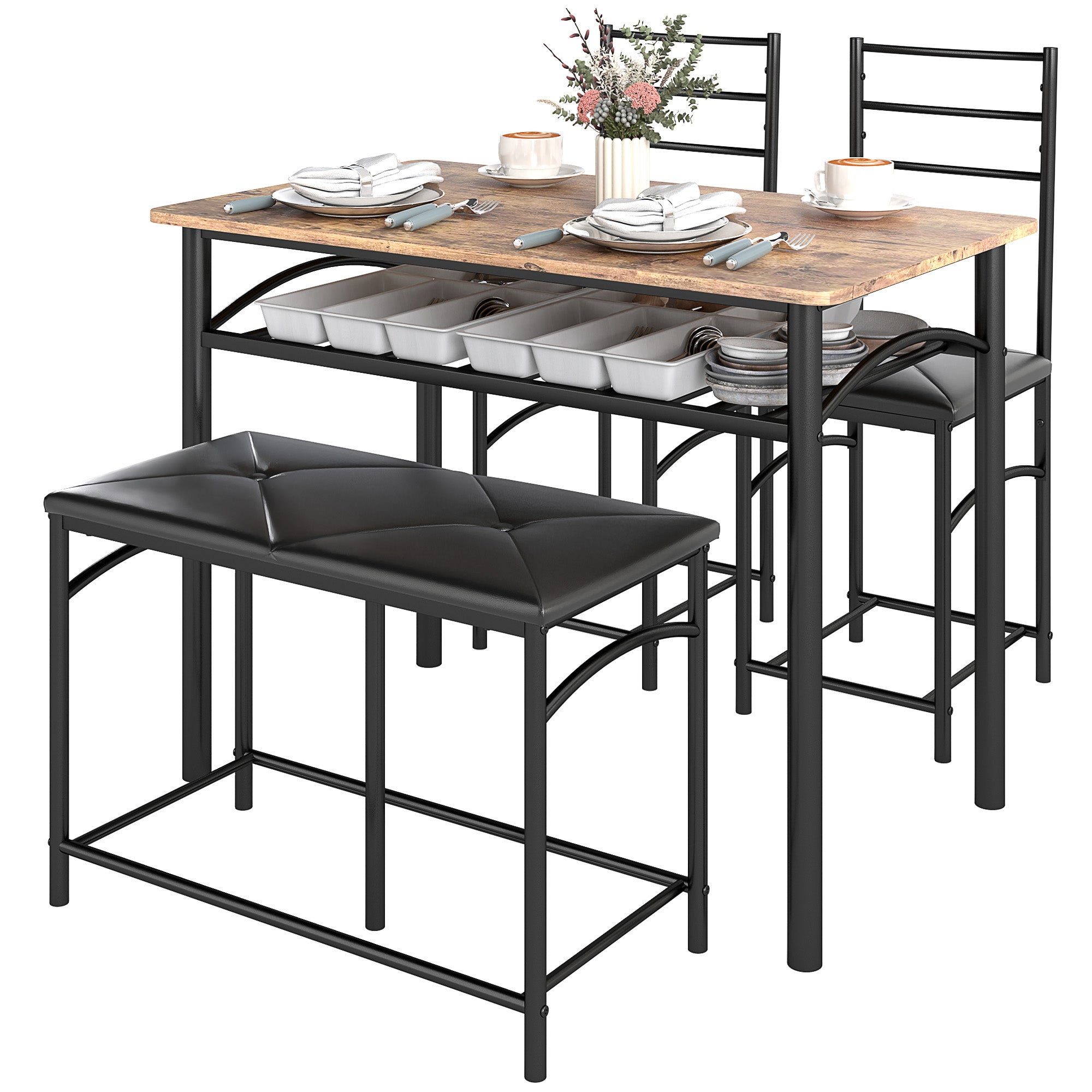 4-piece Dining Set, Dining Table with 2 Chairs, Bench, Space-Saving Dining Room Set, Dining Table Set for Small Spaces, Kitchen, Dining Room, Brown