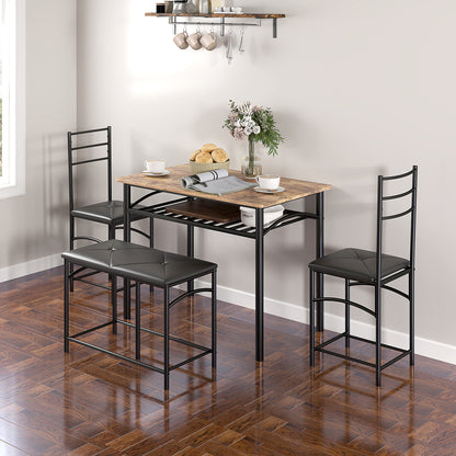 4-piece Dining Set, Dining Table with 2 Chairs, Bench, Space-Saving Dining Room Set, Dining Table Set for Small Spaces, Kitchen, Dining Room, Brown