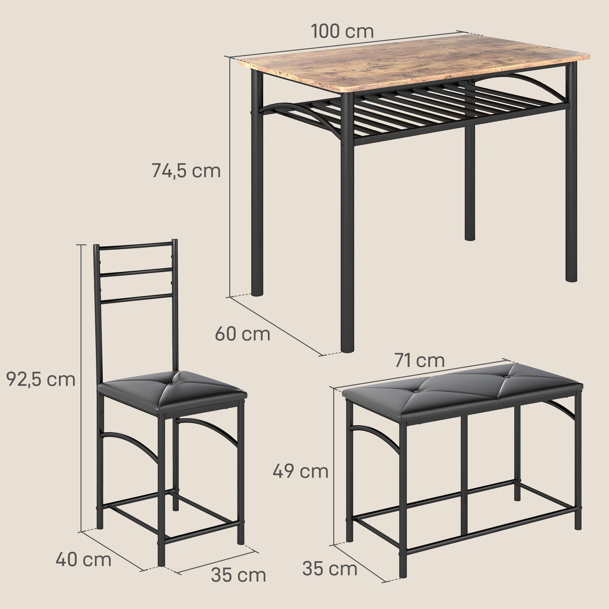 4-piece Dining Set, Dining Table with 2 Chairs, Bench, Space-Saving Dining Room Set, Dining Table Set for Small Spaces, Kitchen, Dining Room, Brown