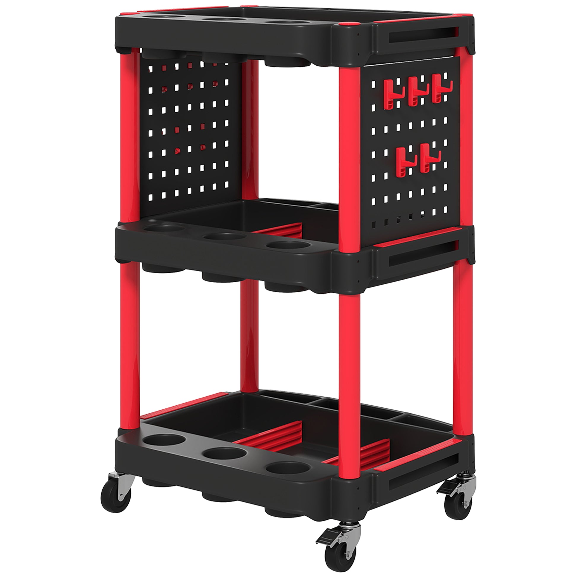 Workshop Tool Cart with 3 Levels, Side Hole Shelves, Tool Cart with 10 Hooks, Hook Holes Workshop Cart for Tools for Garage, Warehouse, max. 91 kg Load Capacity, Black