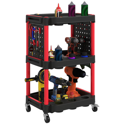 Workshop Tool Cart with 3 Levels, Side Hole Shelves, Tool Cart with 10 Hooks, Hook Holes Workshop Cart for Tools for Garage, Warehouse, max. 91 kg Load Capacity, Black