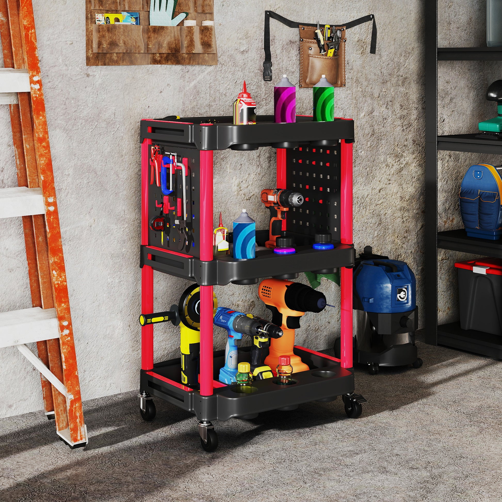 Workshop Tool Cart with 3 Levels, Side Hole Shelves, Tool Cart with 10 Hooks, Hook Holes Workshop Cart for Tools for Garage, Warehouse, max. 91 kg Load Capacity, Black