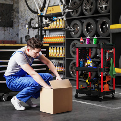 Workshop Tool Cart with 3 Levels, Side Hole Shelves, Tool Cart with 10 Hooks, Hook Holes Workshop Cart for Tools for Garage, Warehouse, max. 91 kg Load Capacity, Black