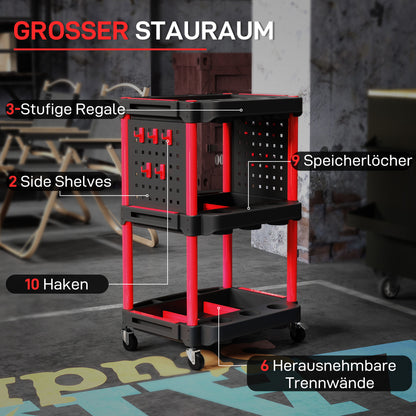 Workshop Tool Cart with 3 Levels, Side Hole Shelves, Tool Cart with 10 Hooks, Hook Holes Workshop Cart for Tools for Garage, Warehouse, max. 91 kg Load Capacity, Black