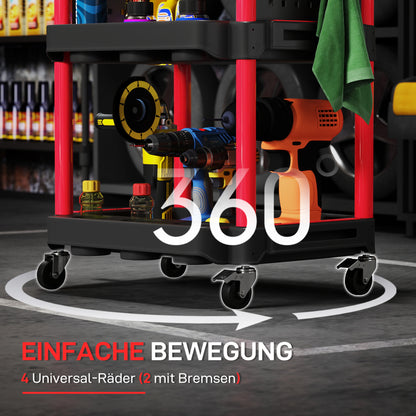 Workshop Tool Cart with 3 Levels, Side Hole Shelves, Tool Cart with 10 Hooks, Hook Holes Workshop Cart for Tools for Garage, Warehouse, max. 91 kg Load Capacity, Black