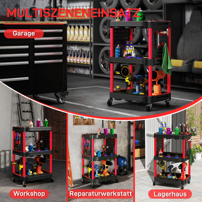 Workshop Tool Cart with 3 Levels, Side Hole Shelves, Tool Cart with 10 Hooks, Hook Holes Workshop Cart for Tools for Garage, Warehouse, max. 91 kg Load Capacity, Black