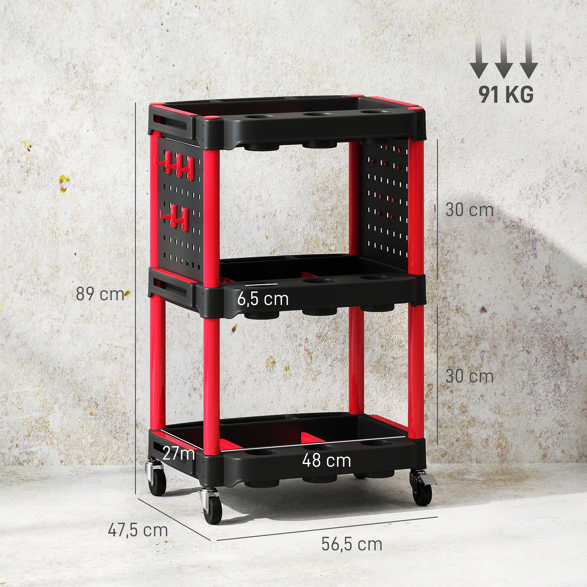 Workshop Tool Cart with 3 Levels, Side Hole Shelves, Tool Cart with 10 Hooks, Hook Holes Workshop Cart for Tools for Garage, Warehouse, max. 91 kg Load Capacity, Black