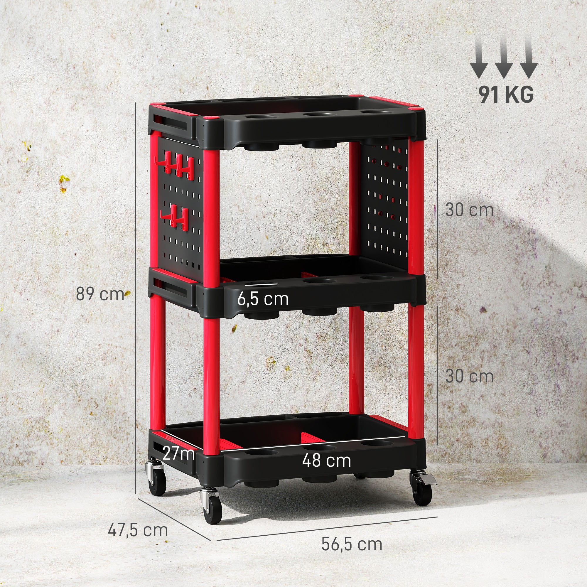 Workshop Tool Cart with 3 Levels, Side Hole Shelves, Tool Cart with 10 Hooks, Hook Holes Workshop Cart for Tools for Garage, Warehouse, max. 91 kg Load Capacity, Black