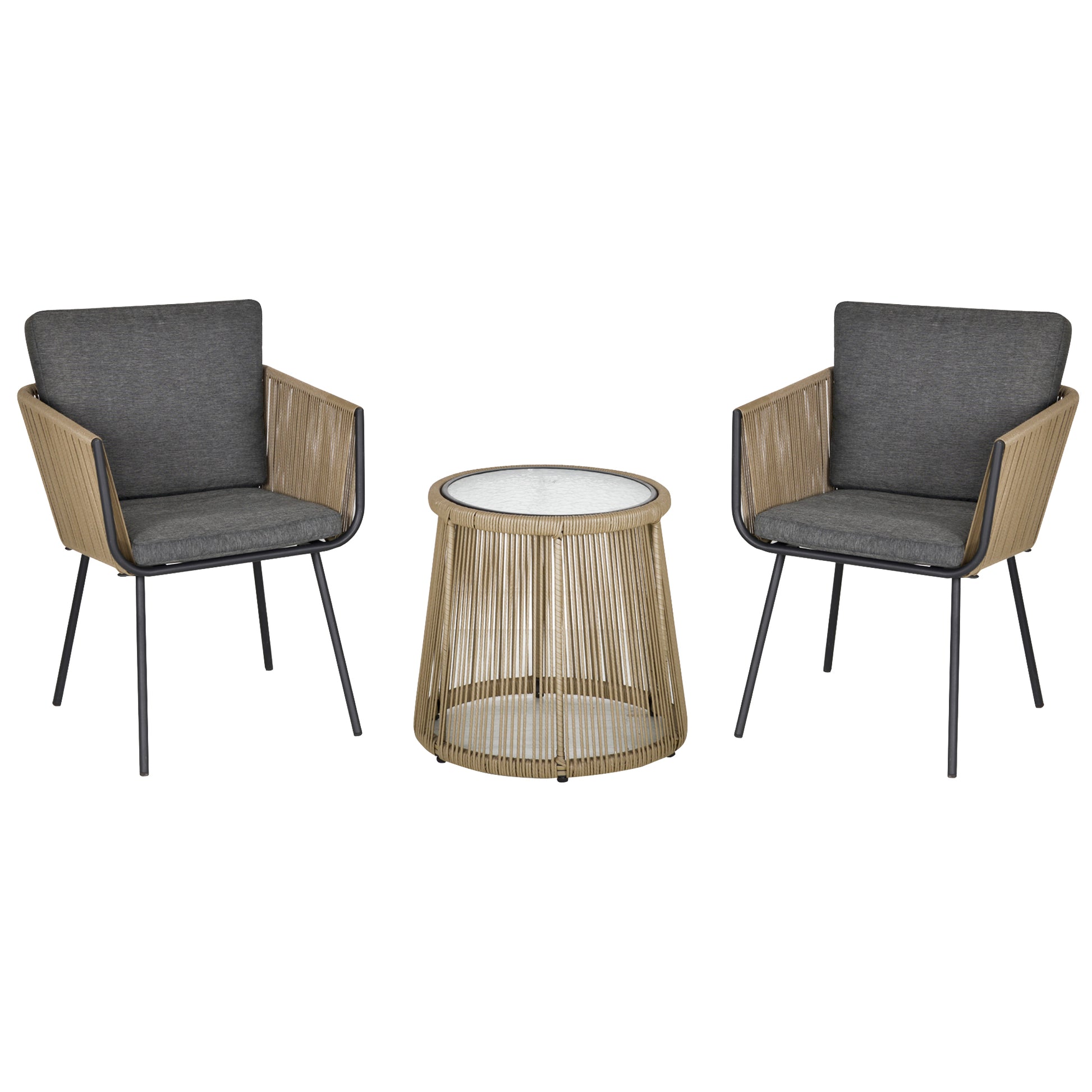 Poly Rattan Garden Furniture Set, Outdoor Balcony Furniture for 2 People, 3-piece Garden Furniture with 2 Chairs, Table Seat Cushions, Weatherproof Seating Group for Garden, Terrace Balcony, Gray