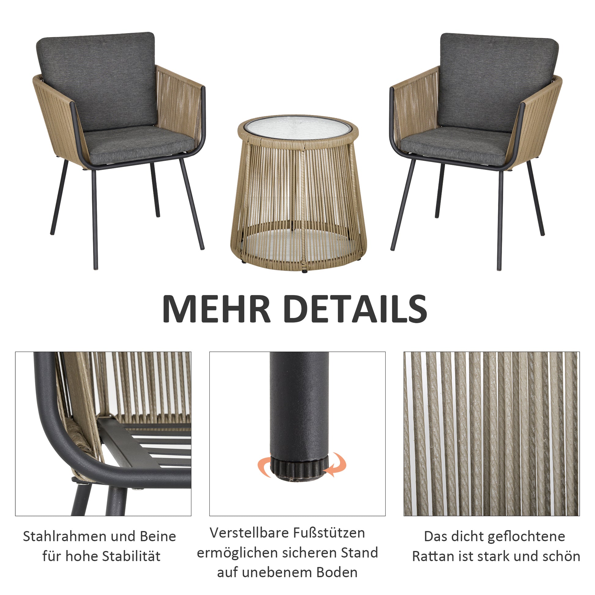 Poly Rattan Garden Furniture Set, Outdoor Balcony Furniture for 2 People, 3-piece Garden Furniture with 2 Chairs, Table Seat Cushions, Weatherproof Seating Group for Garden, Terrace Balcony, Gray